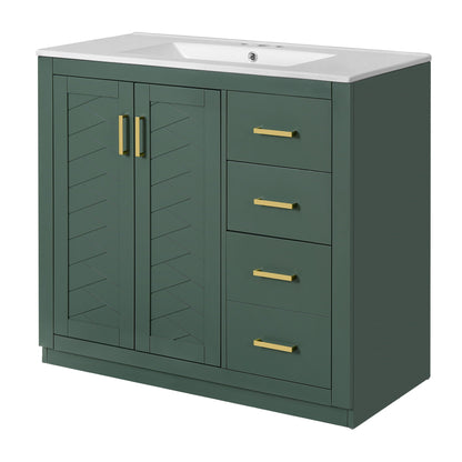 Bathroom vanity with sink HouseOfZazla, green cabinet with white top and gold handles on Tampa Home & Garden Store