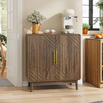 Dark brown carved sideboard by HouseOfZazla; daisies in amber vase and white coffee maker on Tampa Home & Garden Store