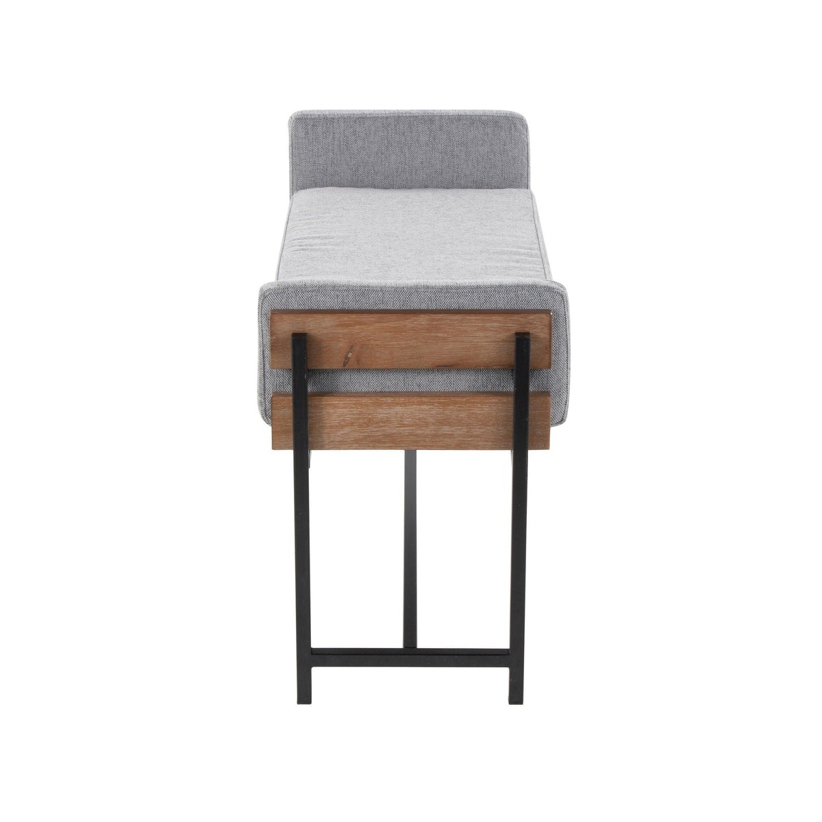 Upholstered farmhouse bench with wood panel accent in grey fabric and black legs on Tampa Home & Garden Store