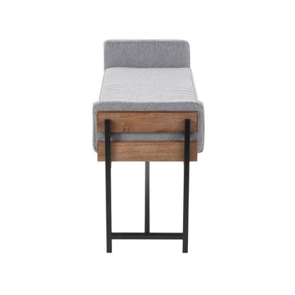 Upholstered farmhouse bench with wood panel accent in grey fabric and black legs on Tampa Home & Garden Store