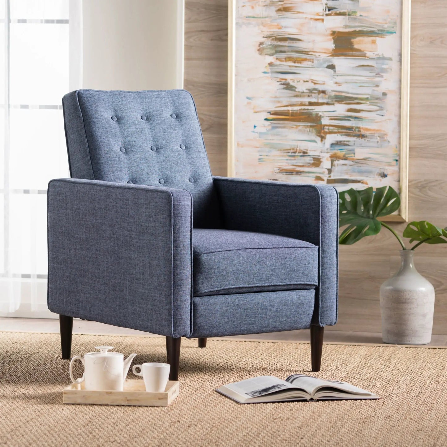 Mid-Century Modern recliner with button tufting and waffle stitch in blue fabric on Tampa Home & Garden Store