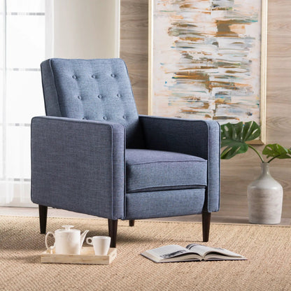 Mid-Century Modern recliner with button tufting and waffle stitch in blue fabric on Tampa Home & Garden Store