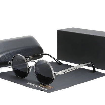 Steam Punk Polarized Sunglasses with round silver metal frames and dark gradient lenses on Tampa Home & Garden Store