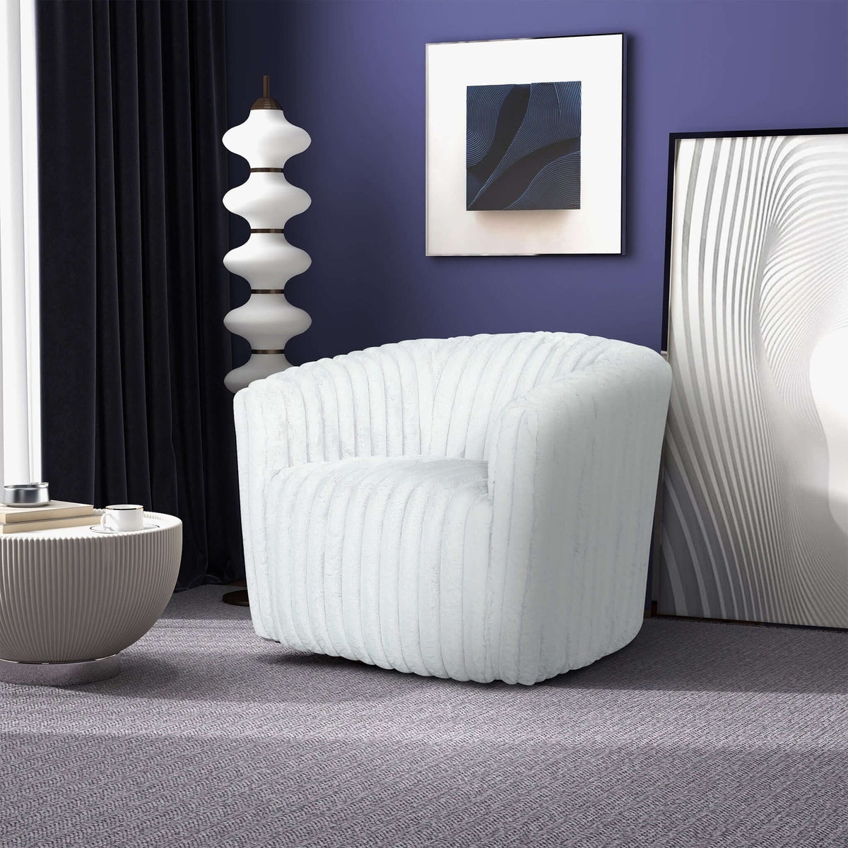 2 white channel-tufted swivel armchairs with ribbed fabric in a modern living space on Tampa Home & Garden Store