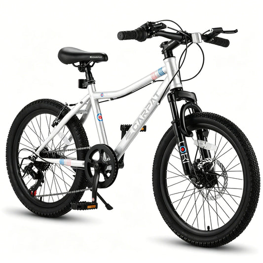 GemGear 20 Inch Kids Mountain Bike with front suspension, 7 speeds, silver frame on Tampa Home & Garden Store