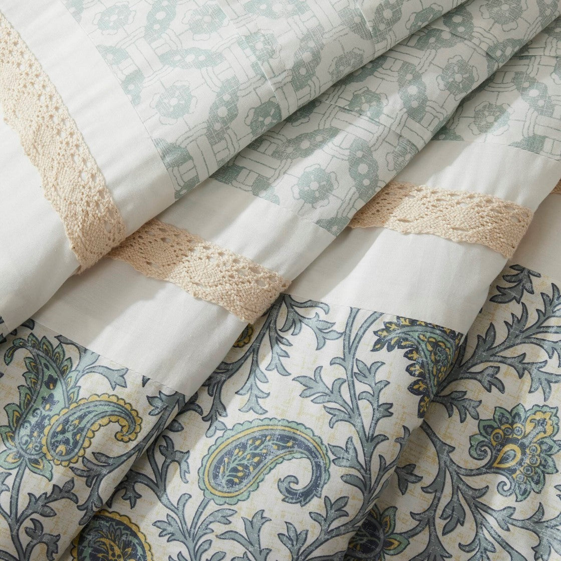 9 Piece Cotton Percale Comforter Set Aqua with aqua paisley pattern and beige lace trim on Tampa Home & Garden Store