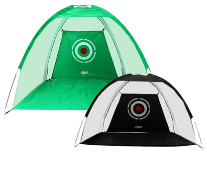 Golf practice net tents with target circles, two hitting cages in green and black, My Store on Tampa Home & Garden Store