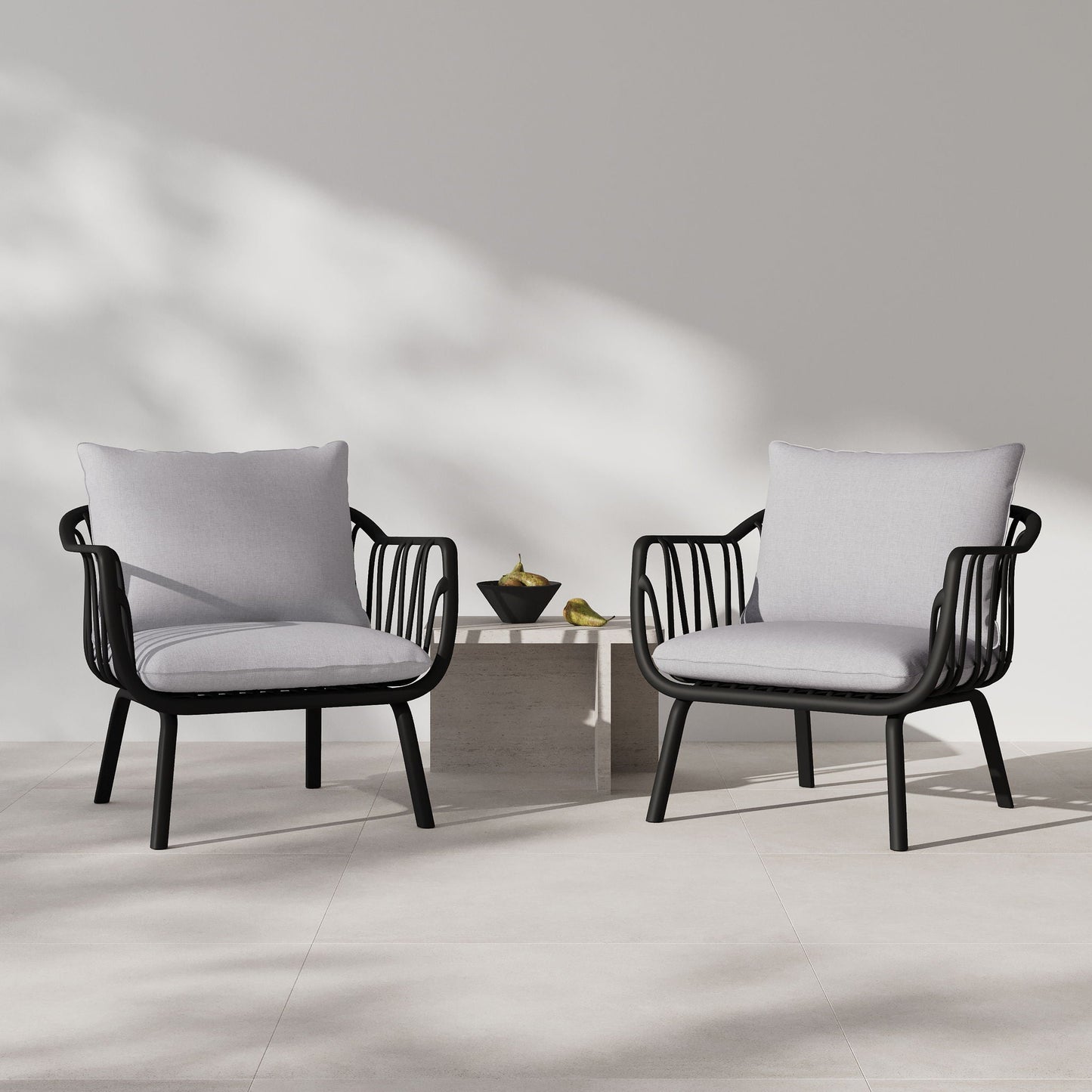 Huron Outdoor Club Chair set of 2 with gray cushions and black metal frames HouseOfZazla on Tampa Home & Garden Store