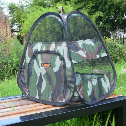 Cat tent in woodland camouflage with mesh panels and a front pocket Sell My Stuff brand on Tampa Home & Garden Store