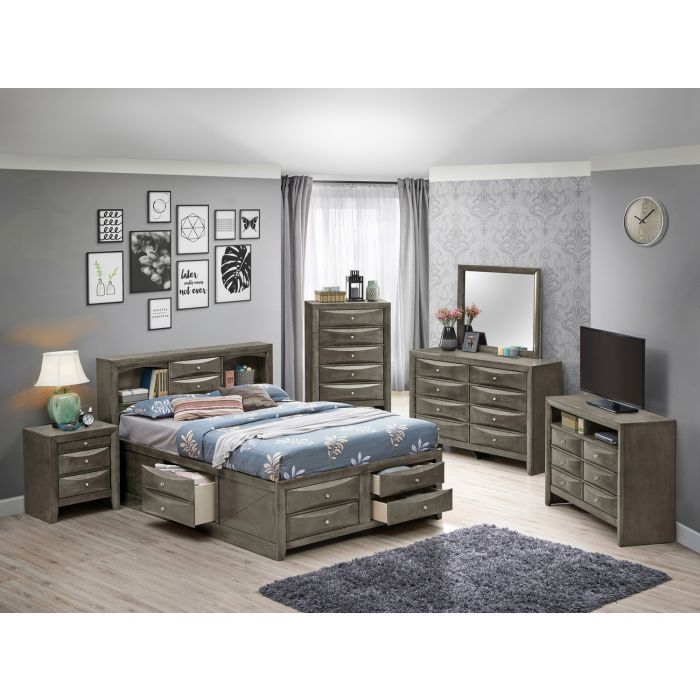 Storage bed with bookcase headboard in gray wood finish with nightstands and dressers on Tampa Home & Garden Store