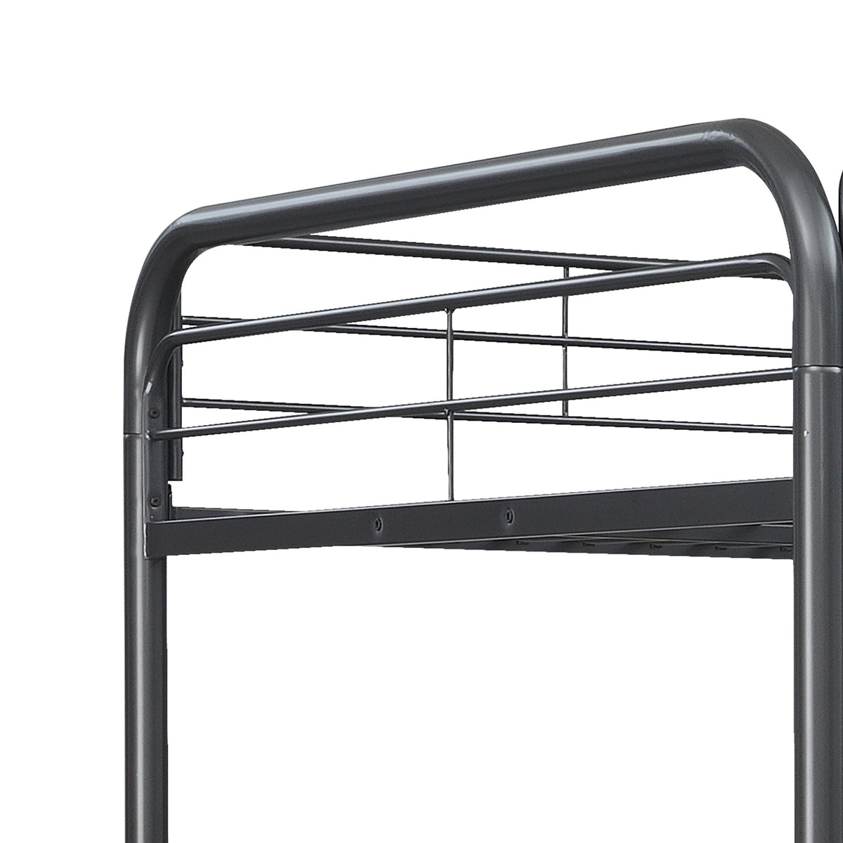 Triple bunk bed full-size black metal frame top rail close-up on Tampa Home & Garden Store