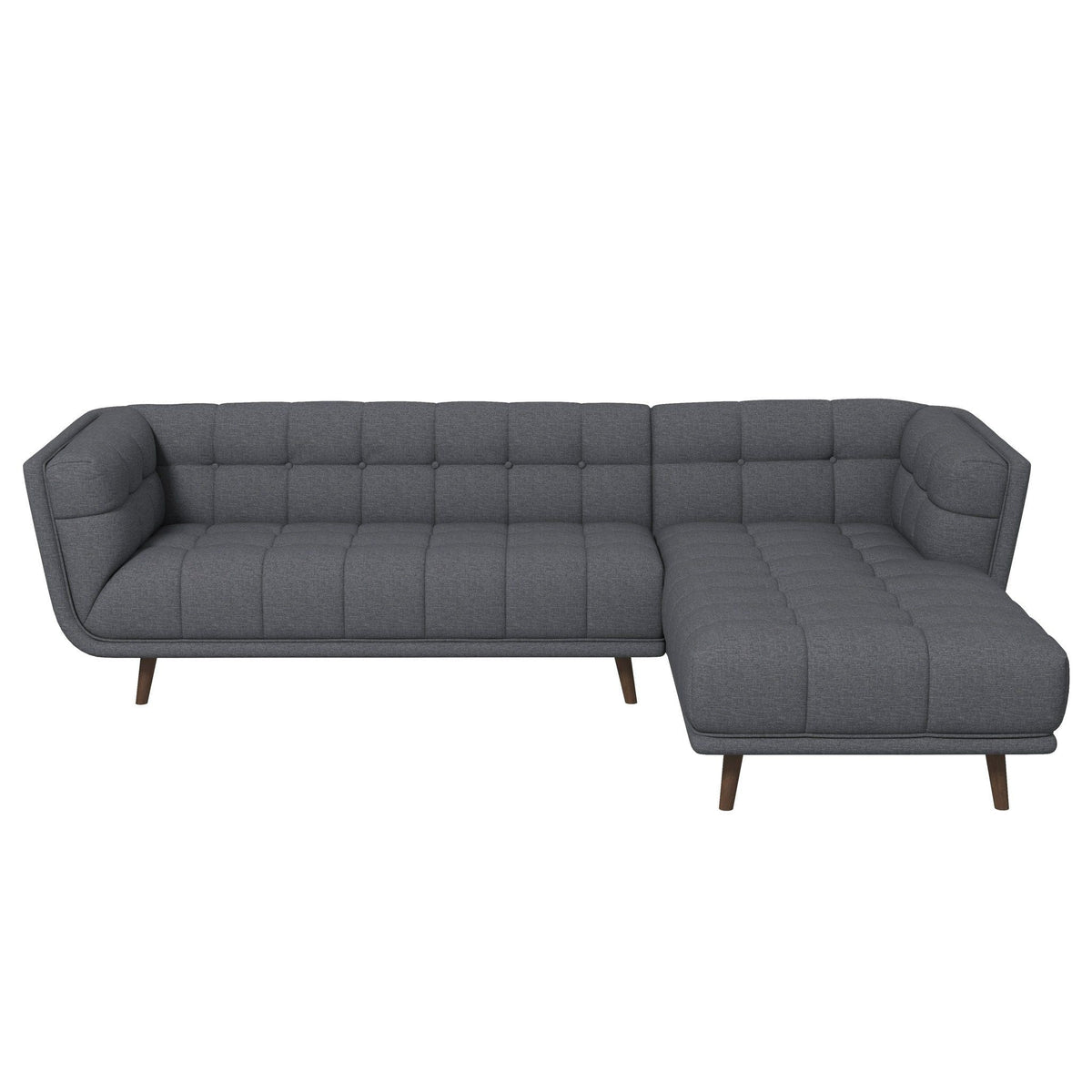 L-shaped tufted sectional sofa in dark gray fabric with mid-century wooden legs on Tampa Home & Garden Store