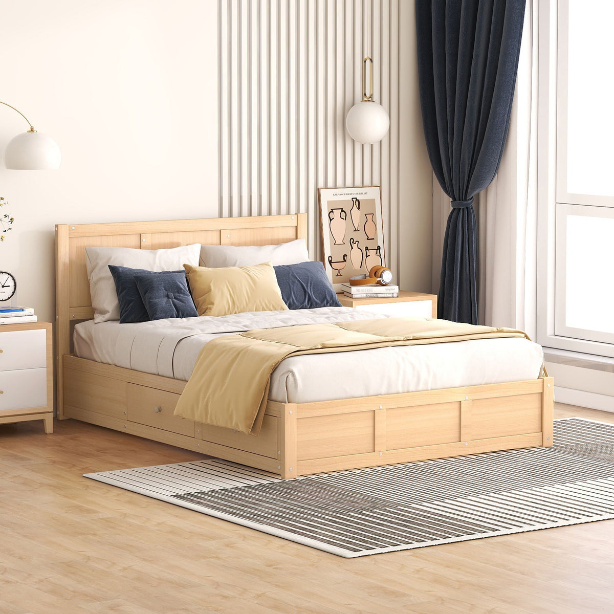 Platform bed with under-bed storage drawers in light natural wood beige bedding with pillows on Tampa Home & Garden Store