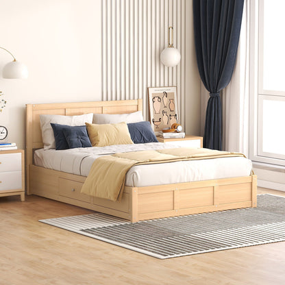 Platform bed with under-bed storage drawers in light natural wood beige bedding with pillows on Tampa Home & Garden Store