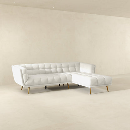 HouseOfZazla L-shaped tufted sofa, white upholstery, mid-century design, gold legs on Tampa Home & Garden Store