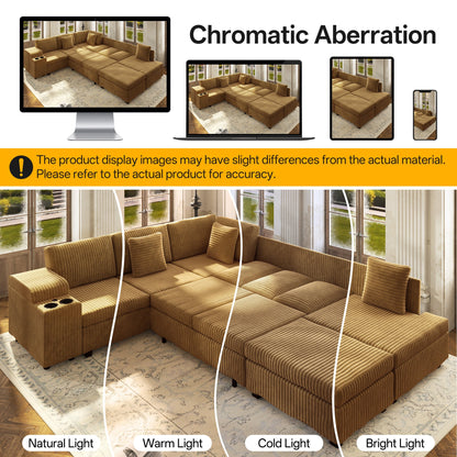 Luxury Camel L Shaped Sofa And Ottoman Set