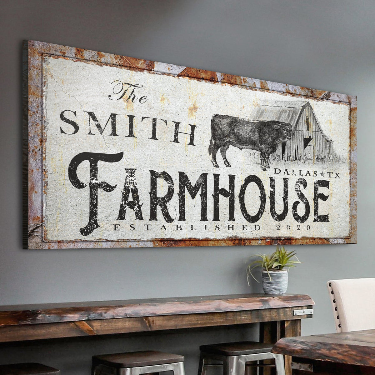 Canvas Rustic Farmhouse Sign by Tailored Canvases with distressed lettering and barn motif on Tampa Home & Garden Store
