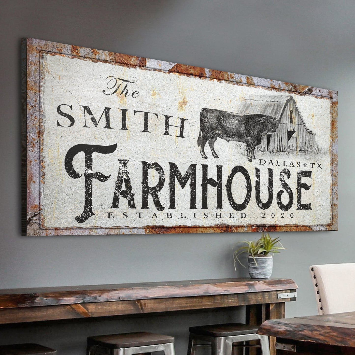 Rustic Farmhouse Sign X canvas by Tailored Canvases with aged finish and FARMHOUSE lettering on Tampa Home & Garden Store
