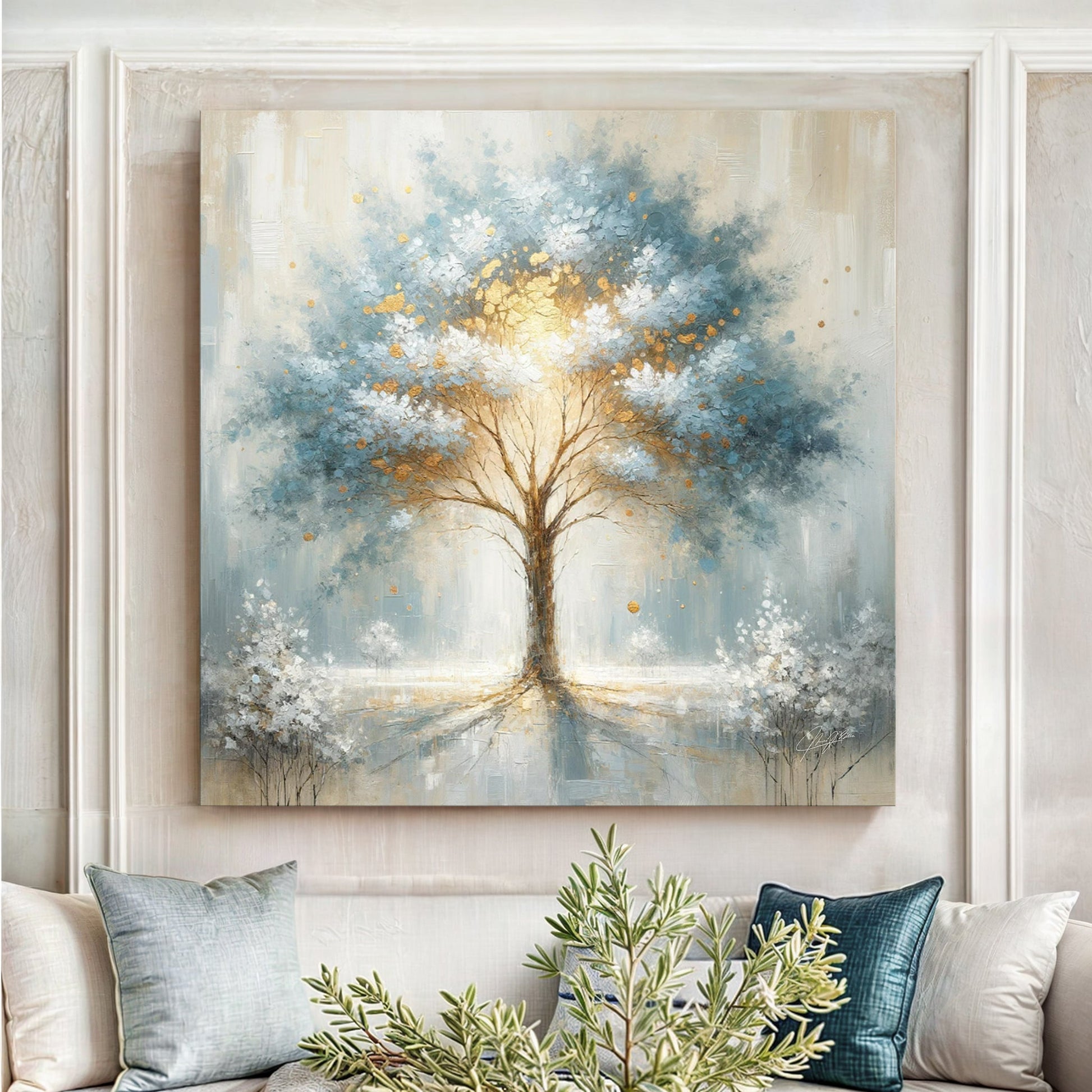 Canvas Print Mystic Tree by Tailored Canvases, abstract tree in blue beige and gold accents on Tampa Home & Garden Store