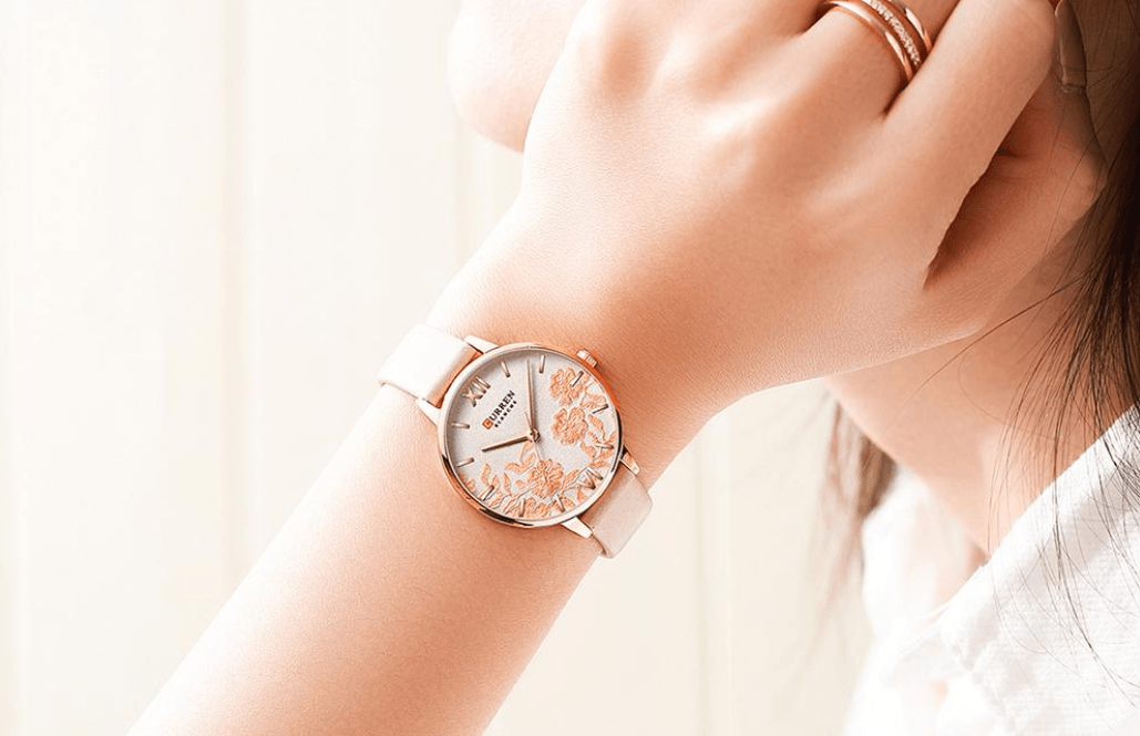 Womens Waterproof Clock Stevvex rose-gold case, floral decoupage dial, leather strap on Tampa Home & Garden Store