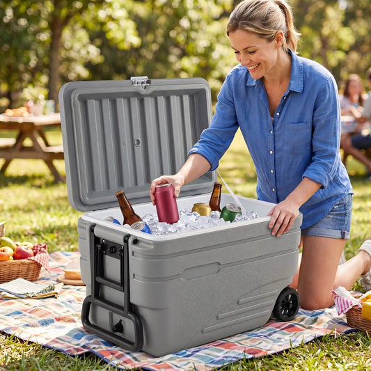 DirectDeals 103 Quart Wheeled Cooler with pull handle, gray plastic ice chest on Tampa Home & Garden Store