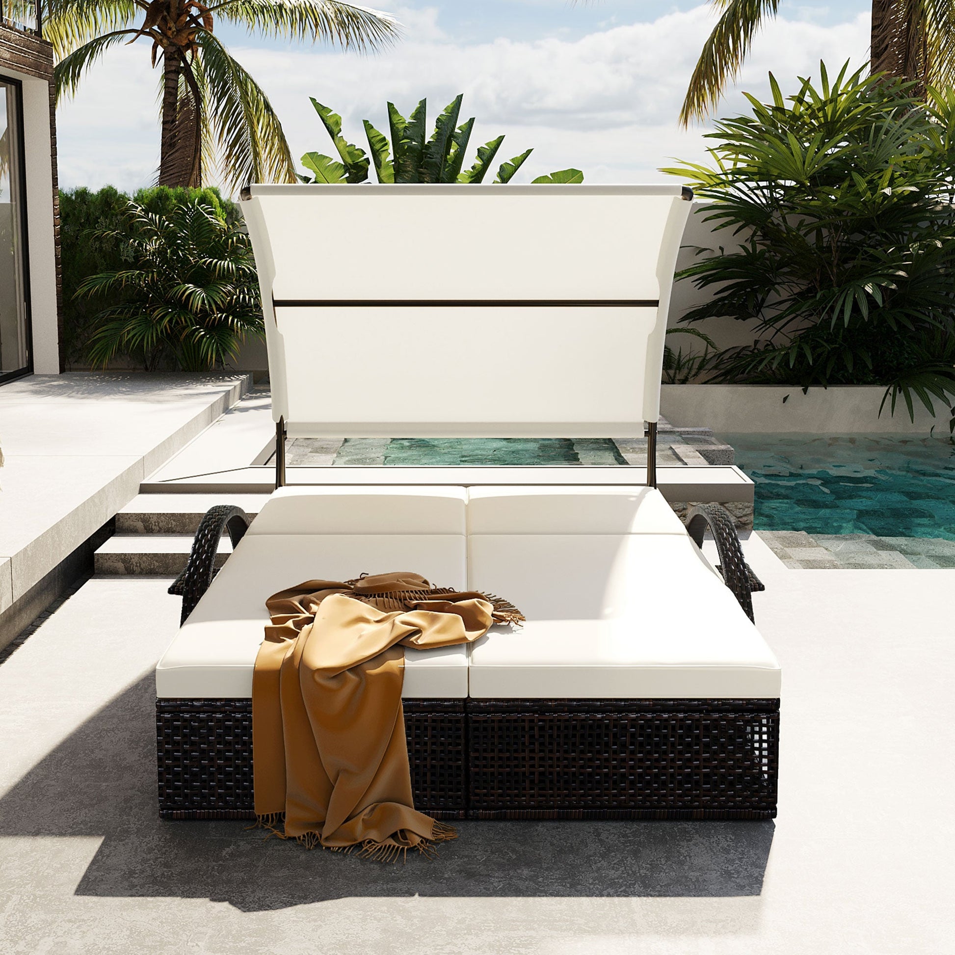 U_STYLE outdoor steel frame sun lounger with adjustable backrest, white cushions, by HouseOfZazla on Tampa Home & Garden Store