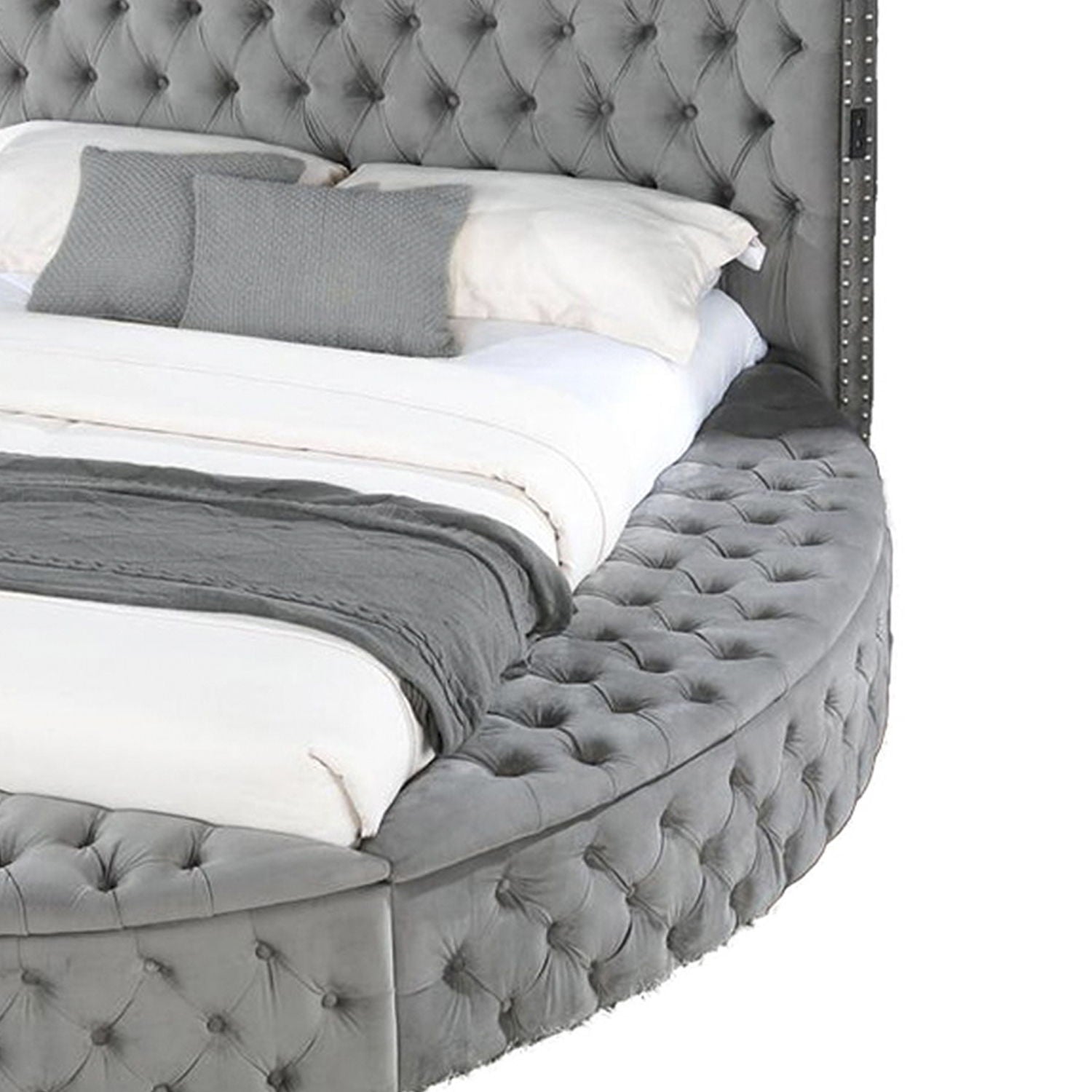 Hazel storage bed by HouseOfZazla in gray tufted velvet with nailhead trim on Tampa Home & Garden Store