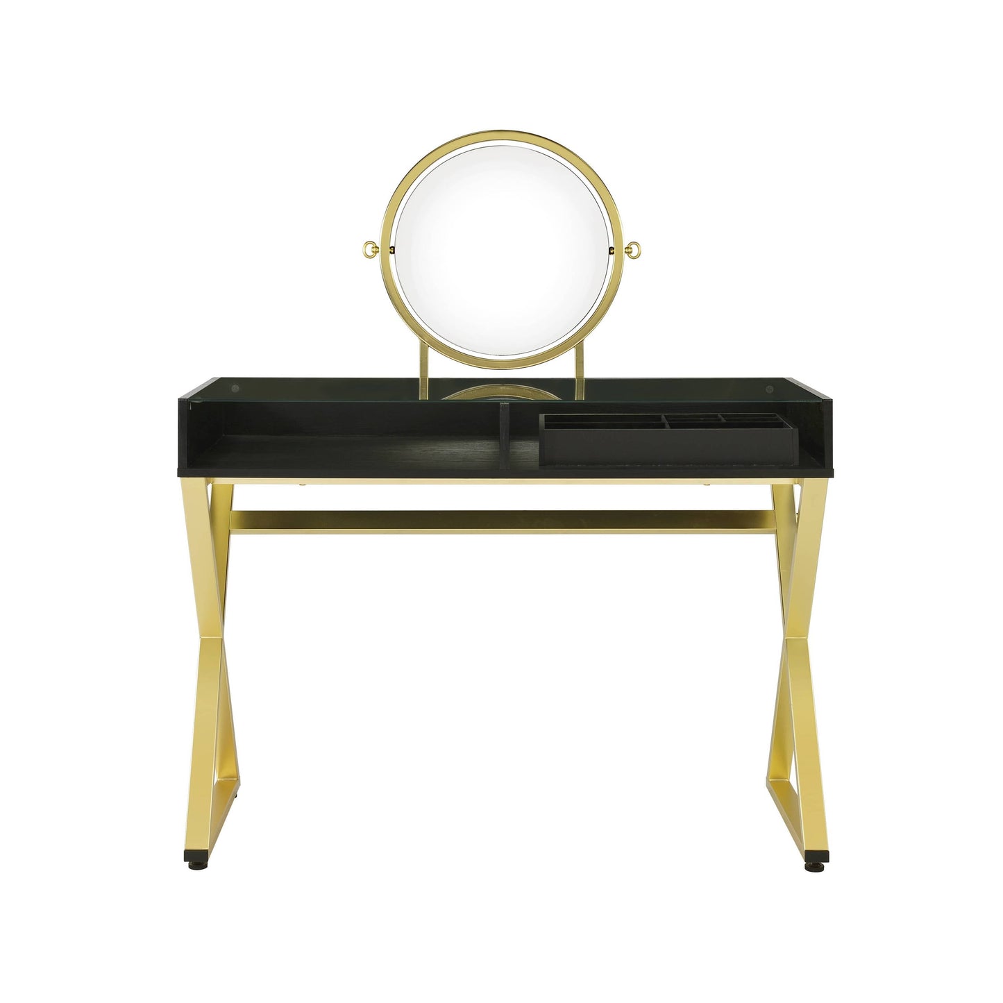 Black & Gold Finish Vanity Desk with round gold mirror on stand; black glass top, gold legs on Tampa Home & Garden Store