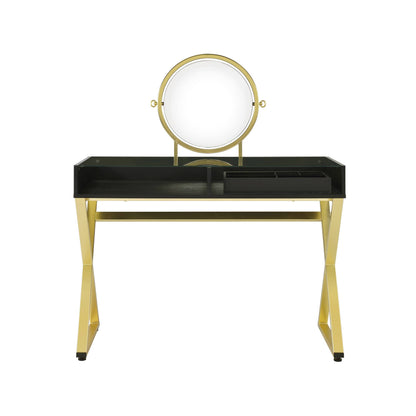 Black & Gold Finish Vanity Desk with round gold mirror on stand; black glass top, gold legs on Tampa Home & Garden Store