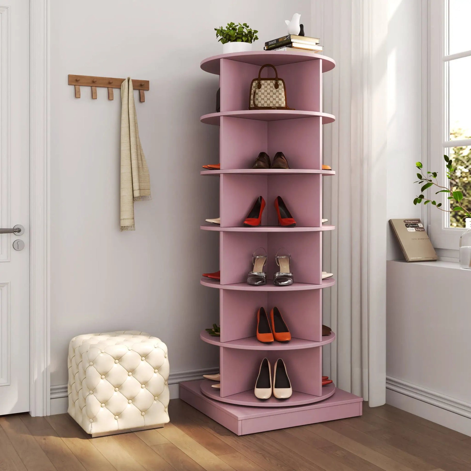 360 Rotating Shoe Cabinet 6 Layers pink circular shoe rack with heels and Gucci handbag on Tampa Home & Garden Store