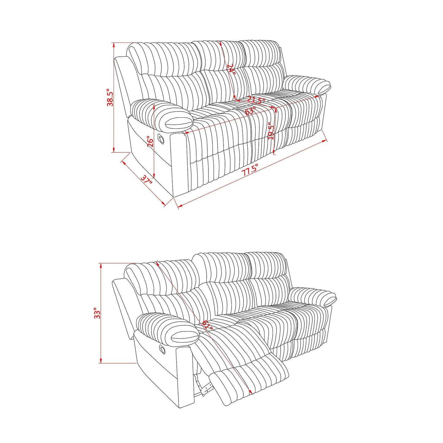 Brenda manual-recline sofa diagram with red measurements; reclining sofa blueprint on Tampa Home & Garden Store