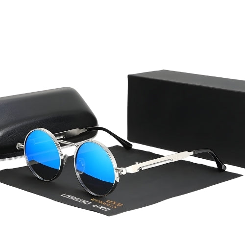 Steam Punk Polarized Sunglasses BikerZoneZ, silver metal frame, blue mirror lenses on Tampa Home & Garden Store