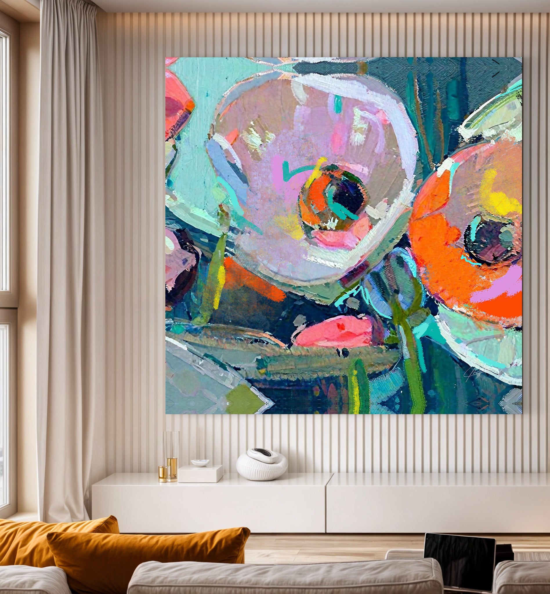 Canvas Print Chromatic Pulse by Tailored Canvases, vibrant abstract artwork in teal pink orange on Tampa Home & Garden Store