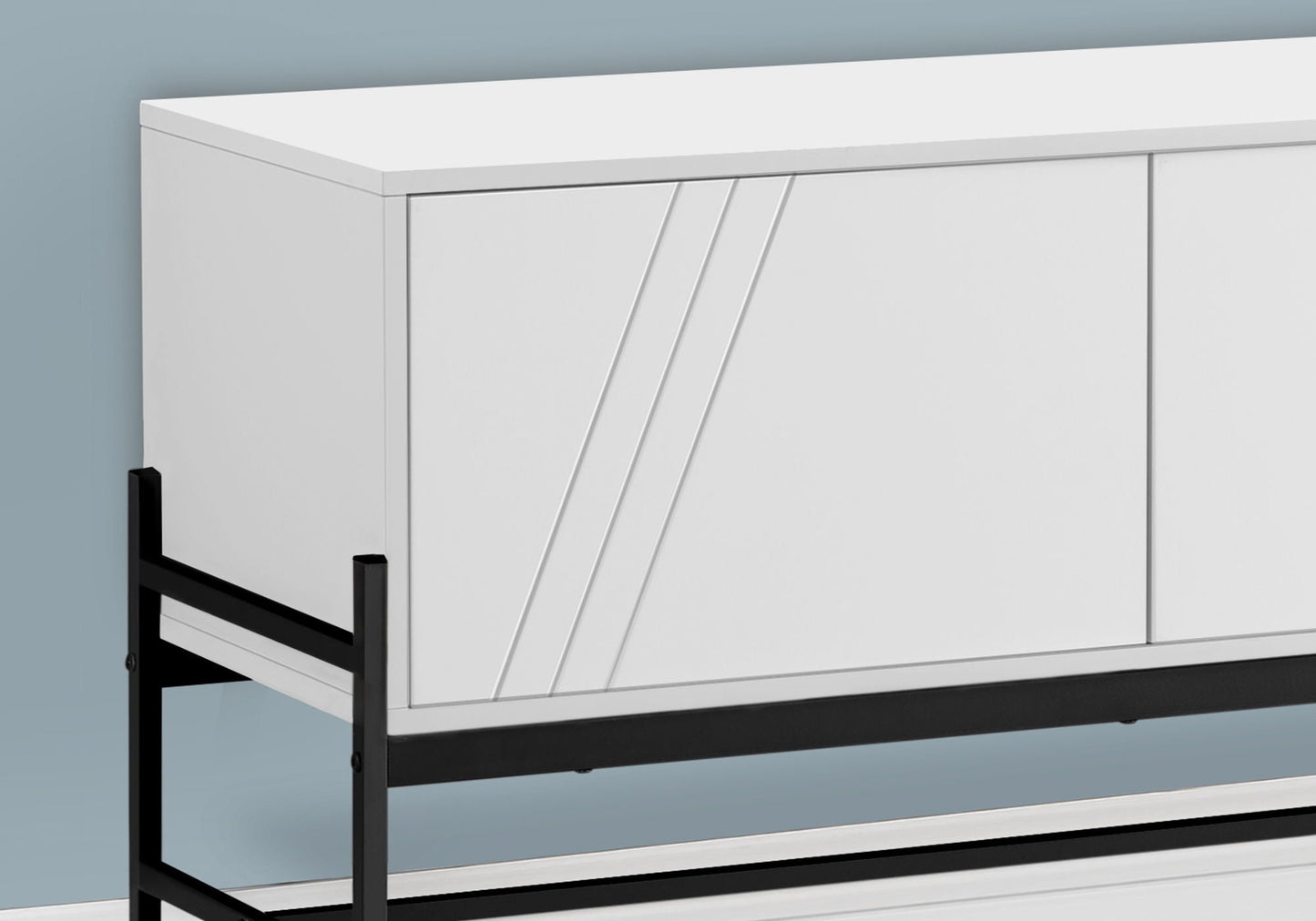 Contemporary white TV stand with storage cabinet and black metal base by HouseOfZazla on Tampa Home & Garden Store