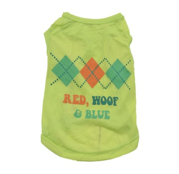 Pet Zen Hawaiian dog vest lime green with teal/orange argyle and Red, Woof & Blue text on Tampa Home & Garden Store