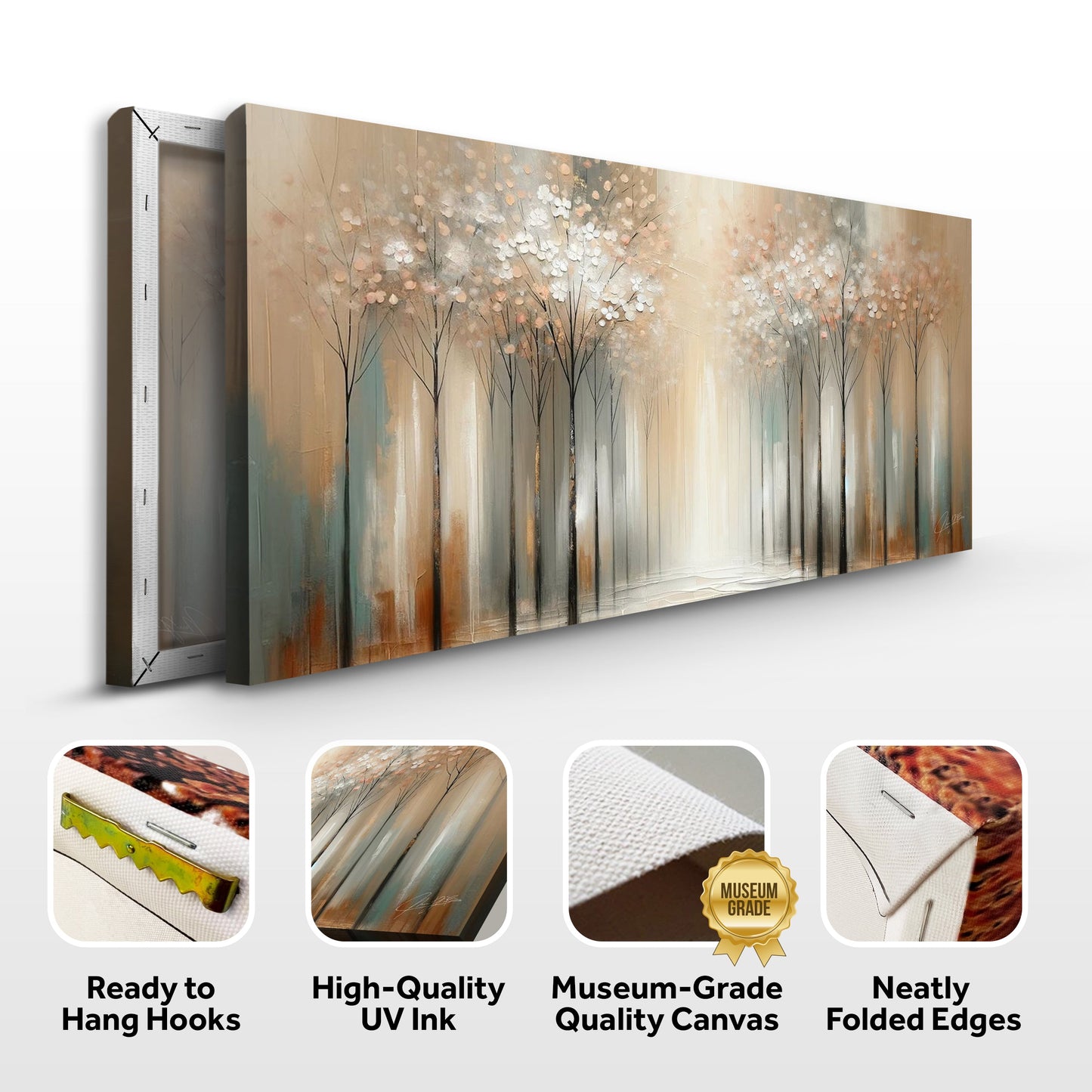 Canvas Print Serenity Bloom by Tailored Canvases, beige-toned abstract trees with peach blossoms on Tampa Home & Garden Store