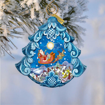 All a Good Night ornament by G. DeBrekht in blue frame with Santa sleigh over snowy village on Tampa Home & Garden Store
