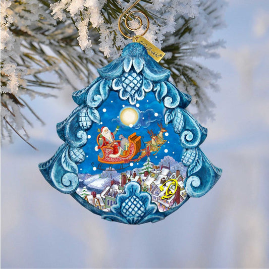 All a Good Night ornament by G. DeBrekht in blue frame with Santa sleigh over snowy village on Tampa Home & Garden Store
