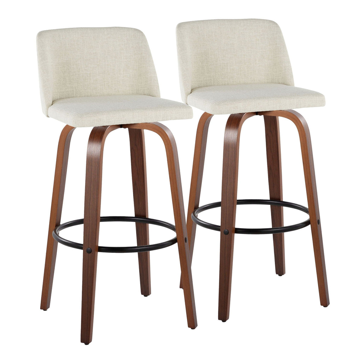 Beige upholstered fixed-height barstools set of 2 with curved wood legs and round footrests on Tampa Home & Garden Store