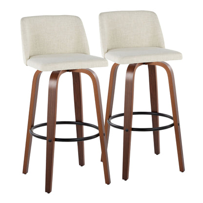Beige upholstered fixed-height barstools set of 2 with curved wood legs and round footrests on Tampa Home & Garden Store