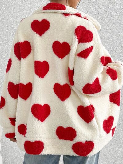 Cute Heart Zip Up Furry Jacket by Stevvex, white faux fur with red heart print, cozy on Tampa Home & Garden Store