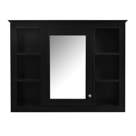 Wall mounted medicine cabinet in black with mirror, 6 open shelves and adjustable interior on Tampa Home & Garden Store