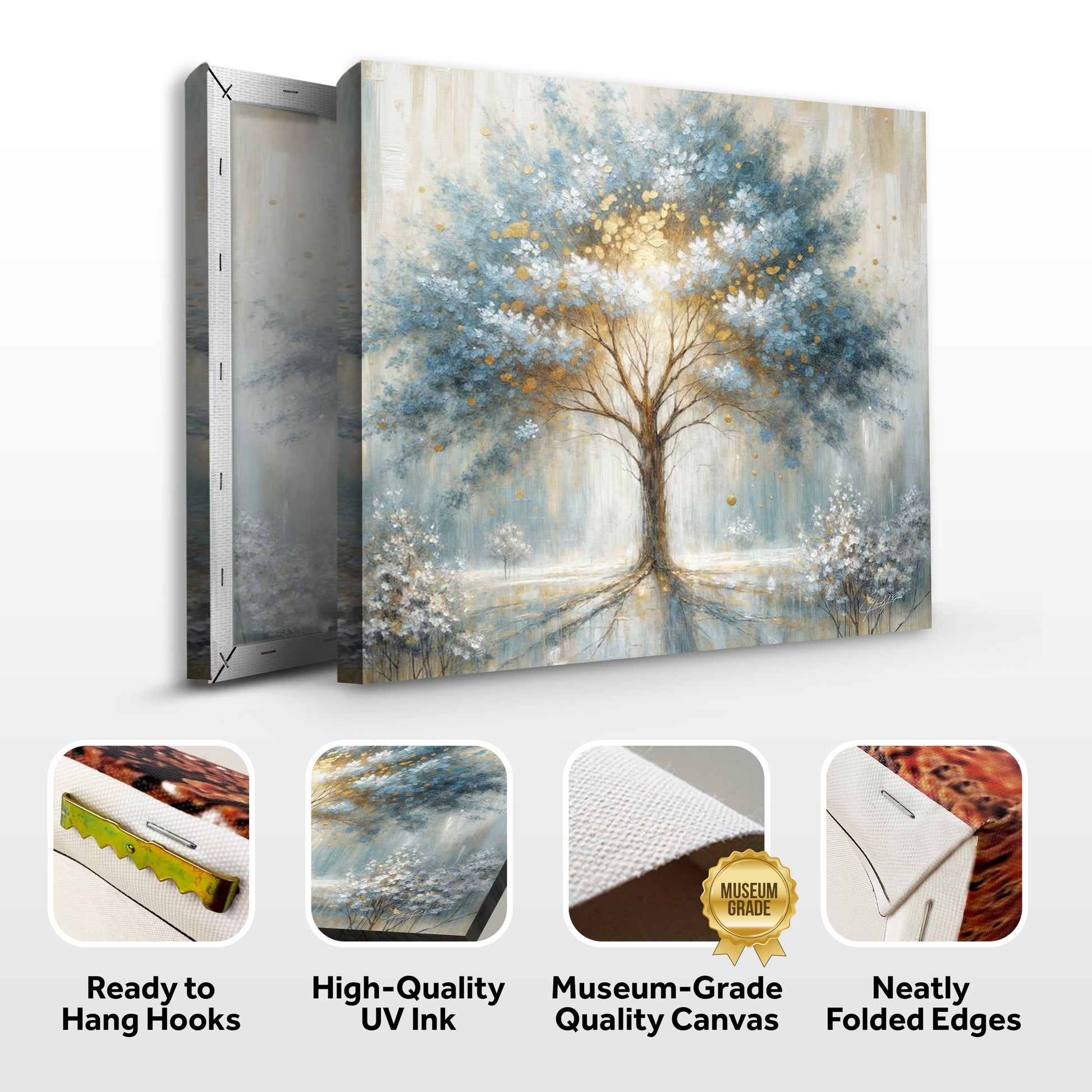 Canvas Print: Ethereal Arboretum by Tailored Canvases, abstract blue-gold tree on textured canvas on Tampa Home & Garden Store