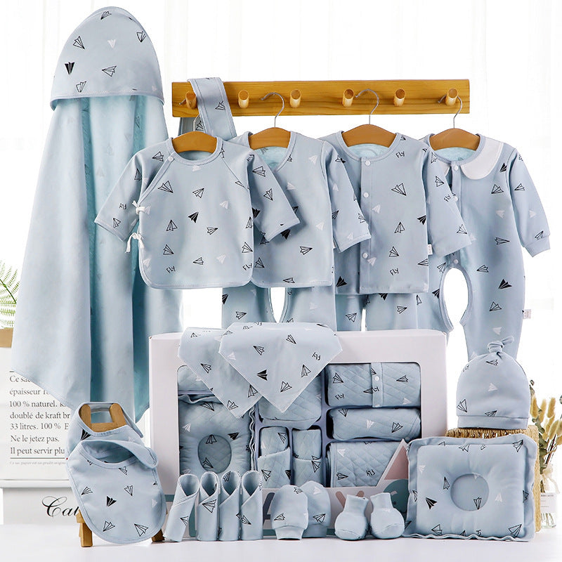 Baby cotton clothes gift box in light blue with paper airplane prints, baby apparel set on Tampa Home & Garden Store