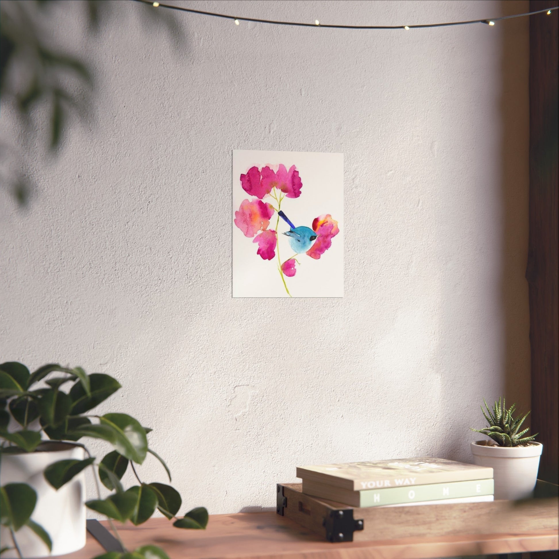 Blue Wren Watercolor Fine Art Poster with pink floral bird illustration for walls on Tampa Home & Garden Store