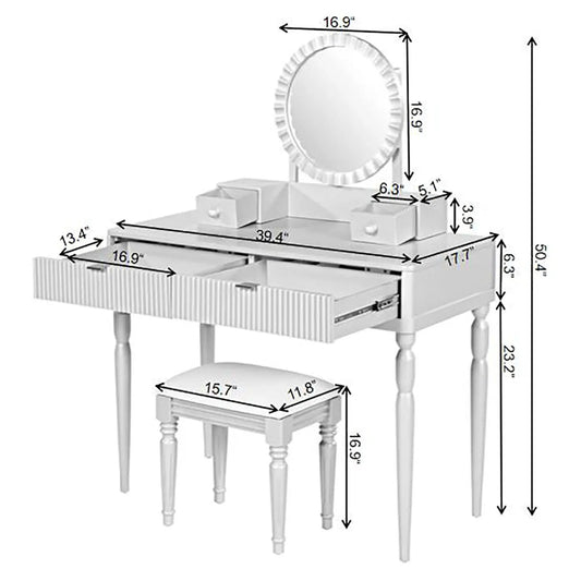 Luxury vanity desk with round mirror in silver engineered wood and two top drawers on Tampa Home & Garden Store