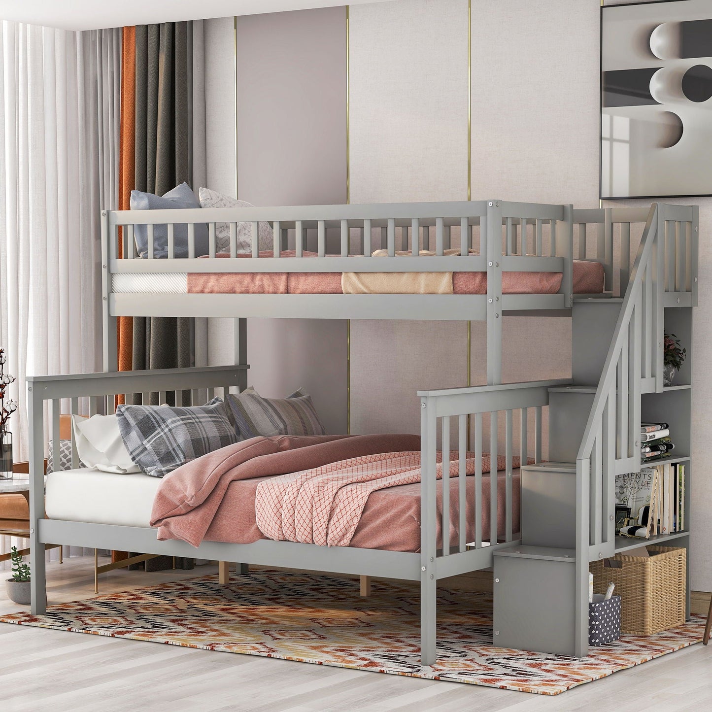 Bunk Bed With Staircase gray finish by HouseOfZazla, dual bunk beds with pink bedding on Tampa Home & Garden Store