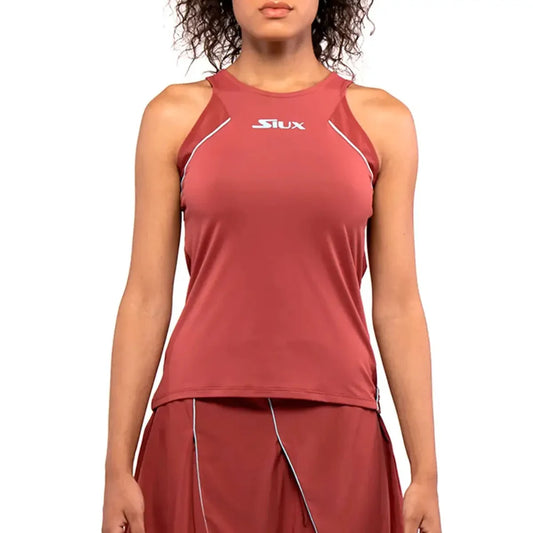 Wish Tank Top, women's red sleeveless athletic tee with white piping and Siux logo on Tampa Home & Garden Store