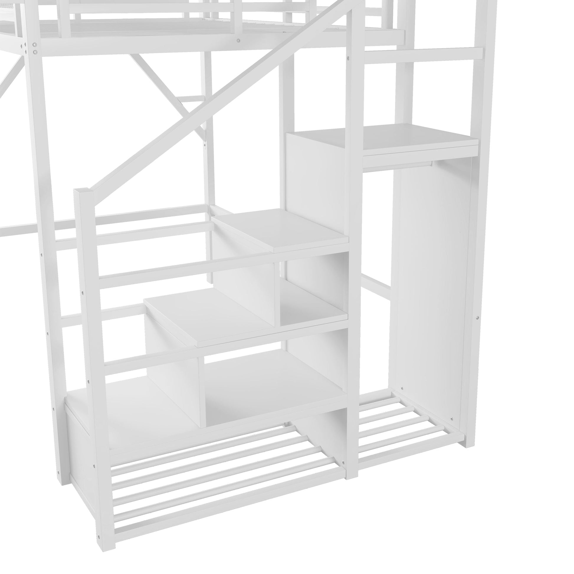 White loft bed with stairs and built-in storage shelves on sturdy bed frame on Tampa Home & Garden Store