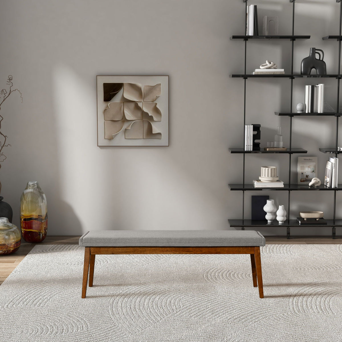 Ash Gray Upholstered Bench with Solid Wood Base in a modern living room setting on Tampa Home & Garden Store